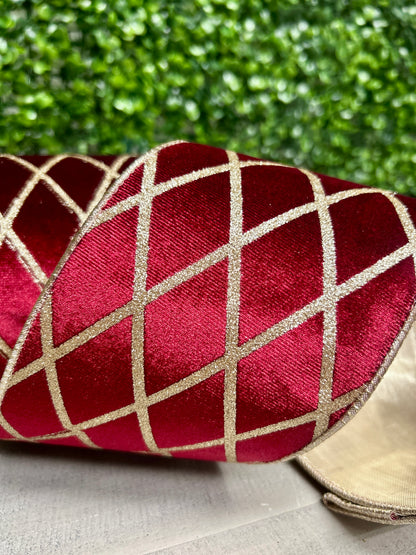 4 Inch By 10 Yard Burgundy With Glittered Diamond Velvet Ribbon
