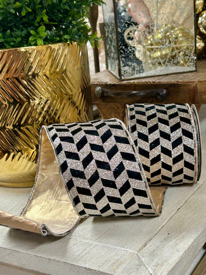 4 Inch By 10 Yard Black Velvet With Champagne Glitter Blocks Ribbon