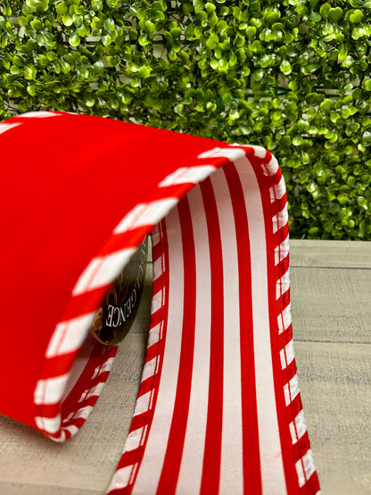 4 Inch By 5 Yard Red Velvet With White Red Cabana Sripe Ribbon