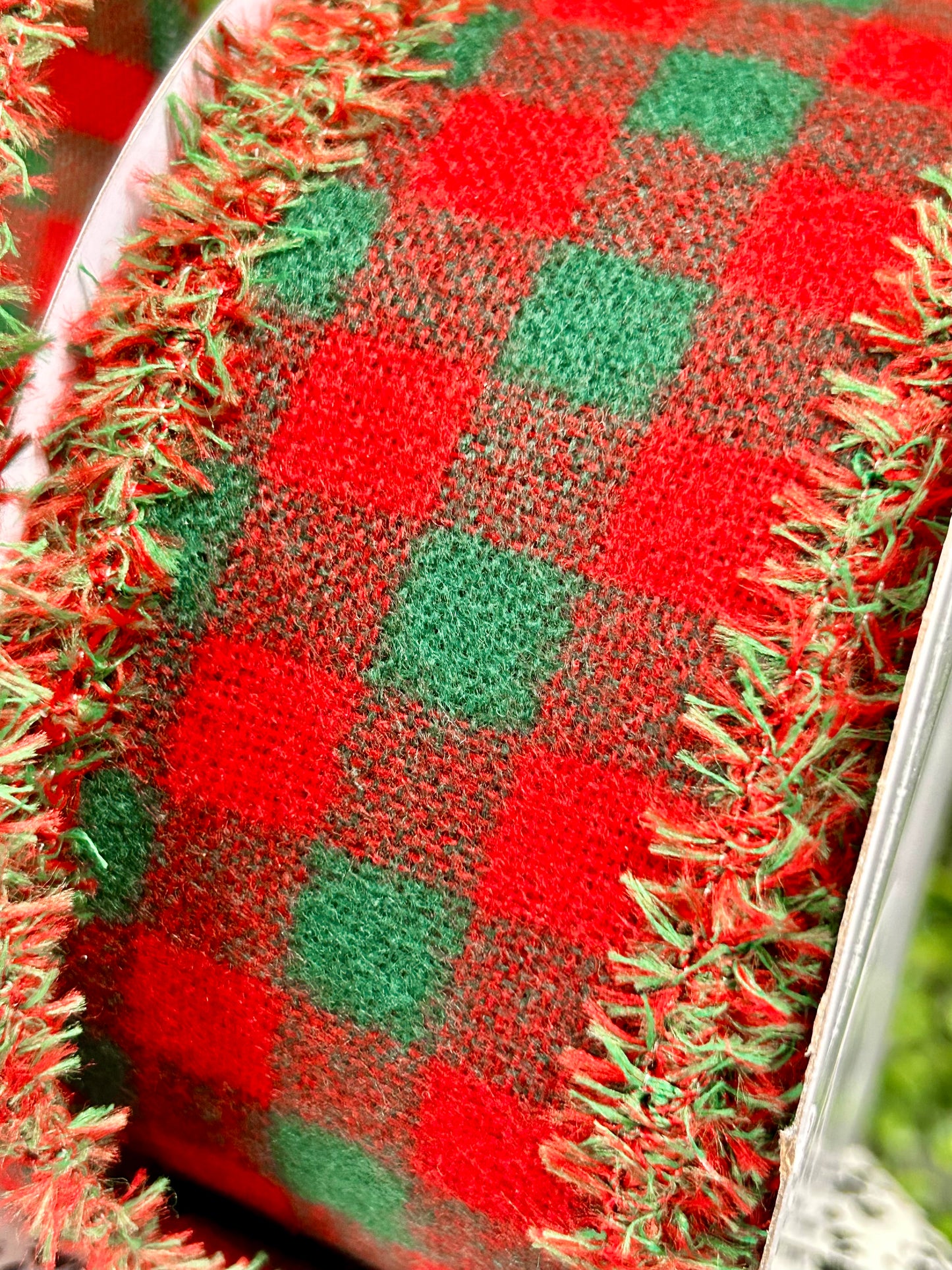 2.5 Inch By 10 Yard Red And Green Fuzzy Flannel Check With Drift Edge Ribbon