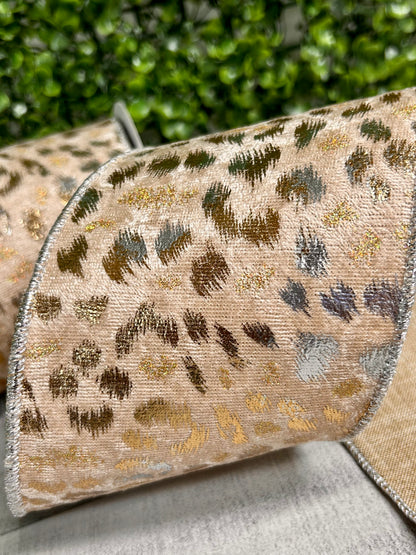 4 Inch By 10 Yard Light Brown Silver And Gold Velvet Metallic Animal Spots Ribbon