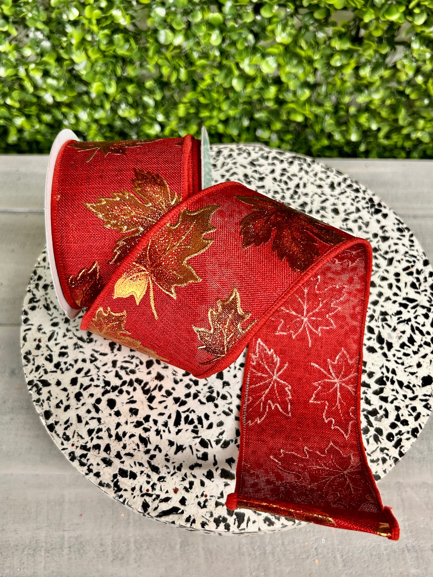2.5 Inch By 10 Yard Burgundy Foil Maple Leaf On Royal Ribbon