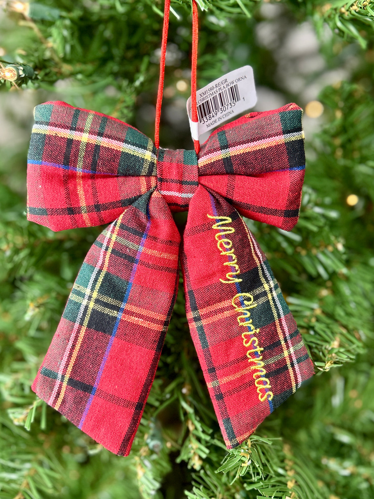 7.5 Inch Red Green Plaid Merry Christmas Bow Ornament