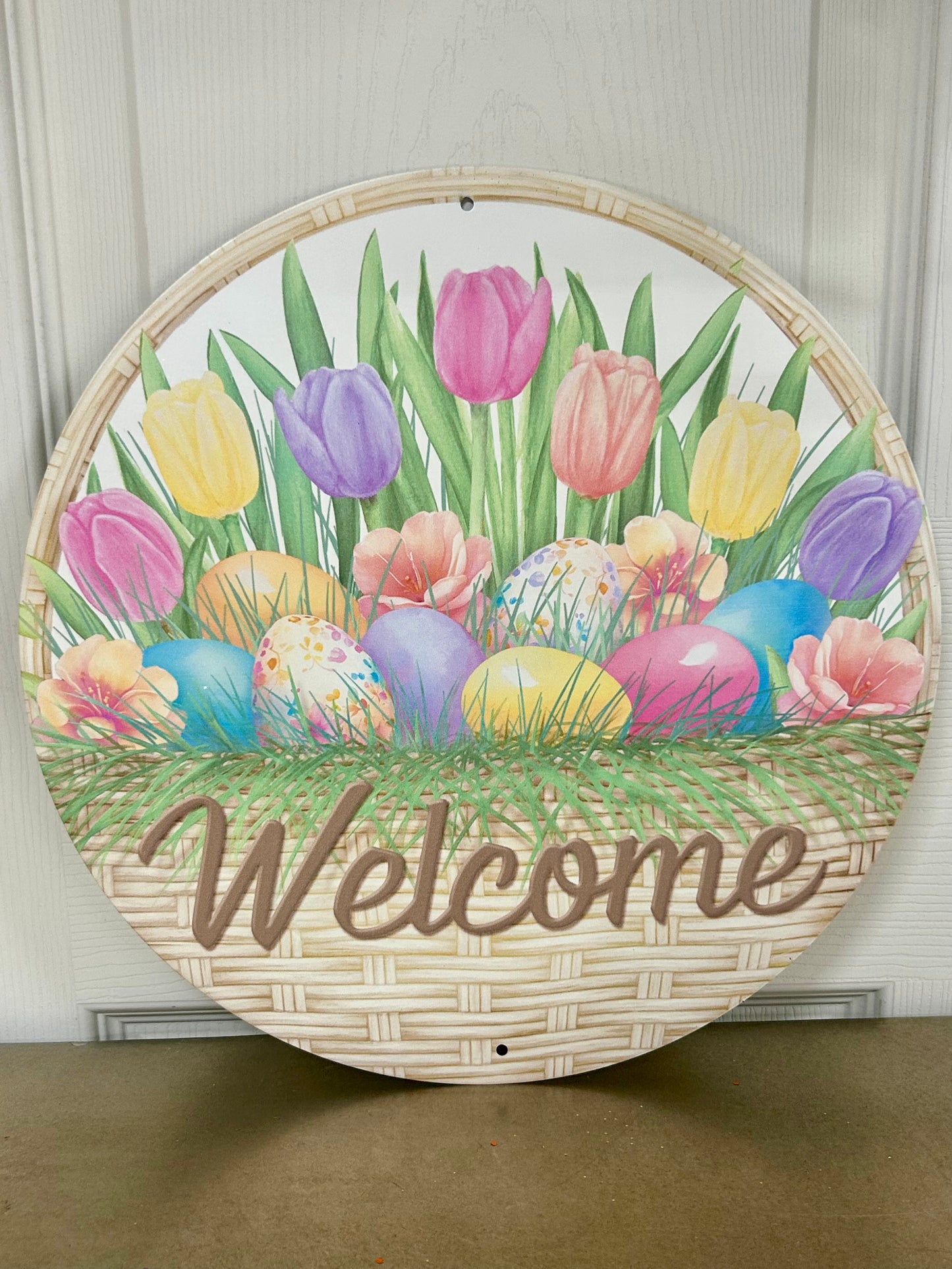 12 Inch Metal Welcome Basket With Eggs Sign