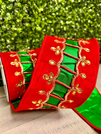 David Christopher 4 Inch By 5 Yard Regal Uniform Jeweled Trim on Red Velvet With Green Back Ribbon