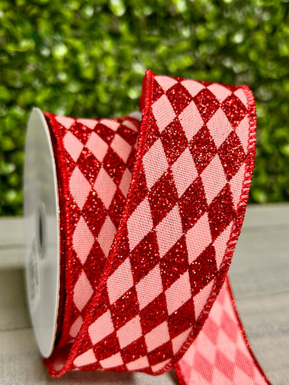 1.5 Inch By 10 Yard Rose Pink And Red Glitter Harlequin Ribbon