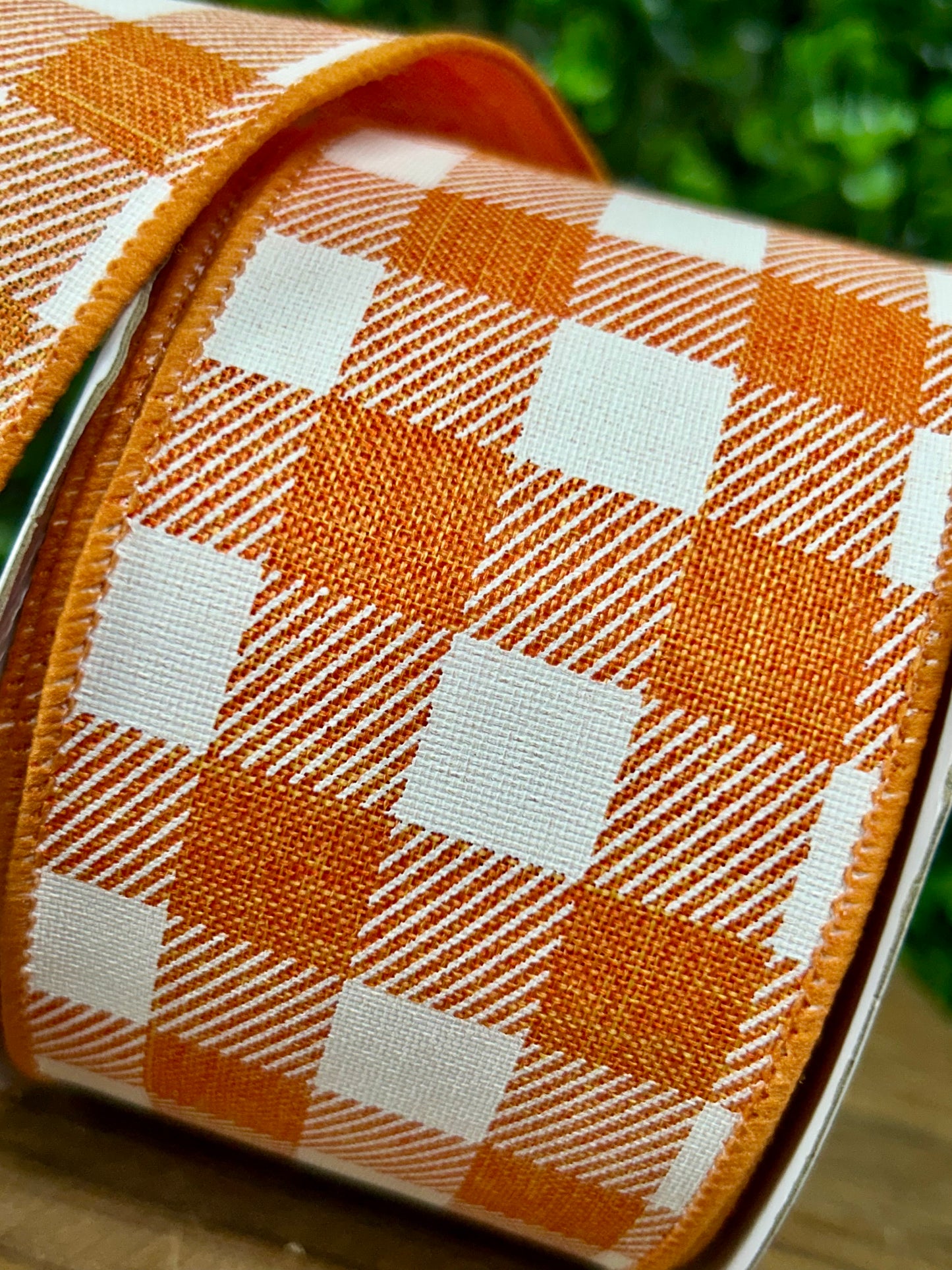 2.5 Inch By 10 Yard Orange And White Striped Check On Royal Ribbon