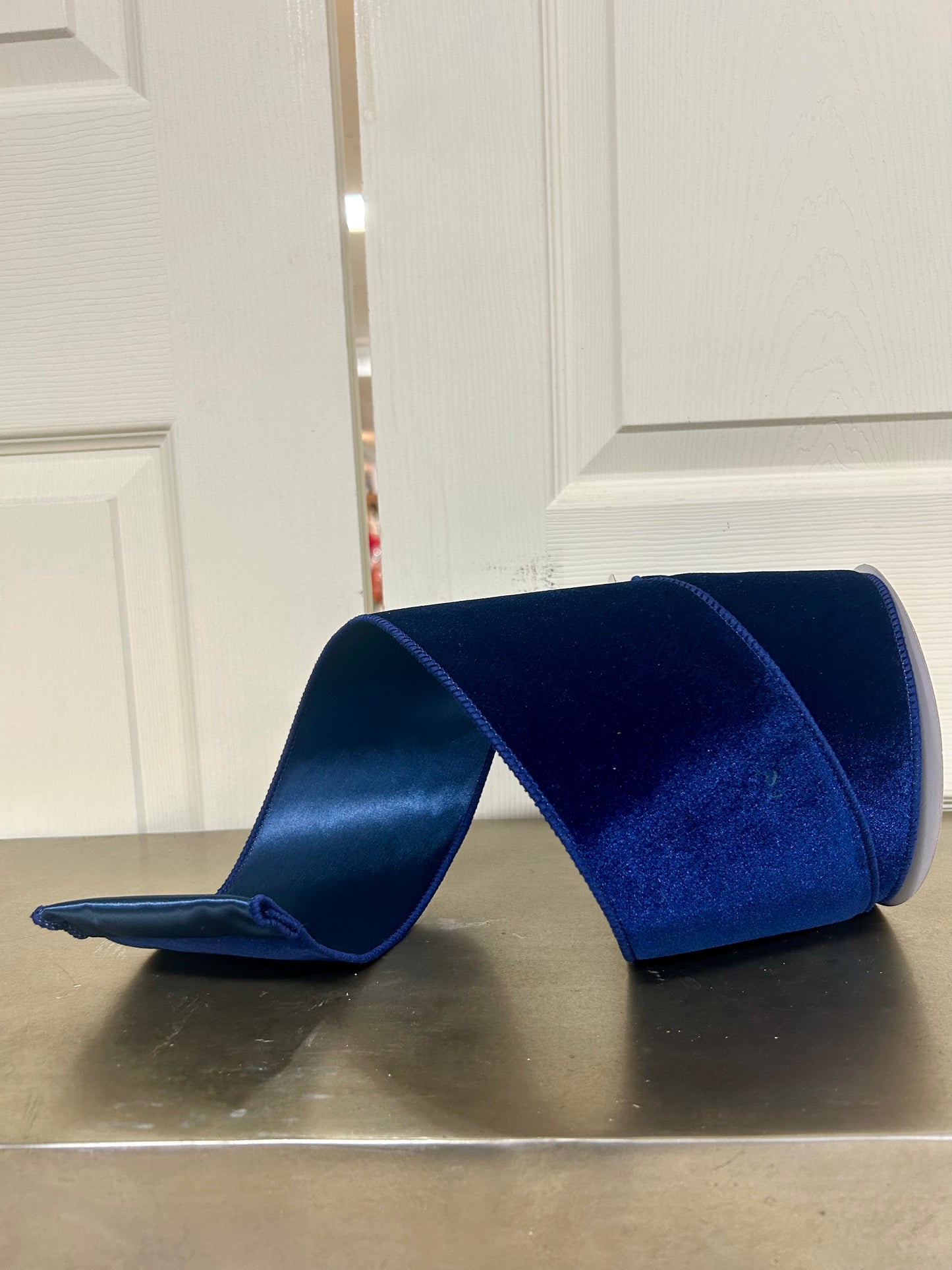 4 Inch By 10 Yard Navy Blue Deluxe Velvet With Satin Backing Ribbon