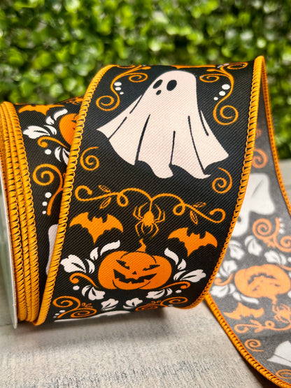2.5 Inch By 10 Yard Ghost And Pumpkin Halloween Damask Ribbon