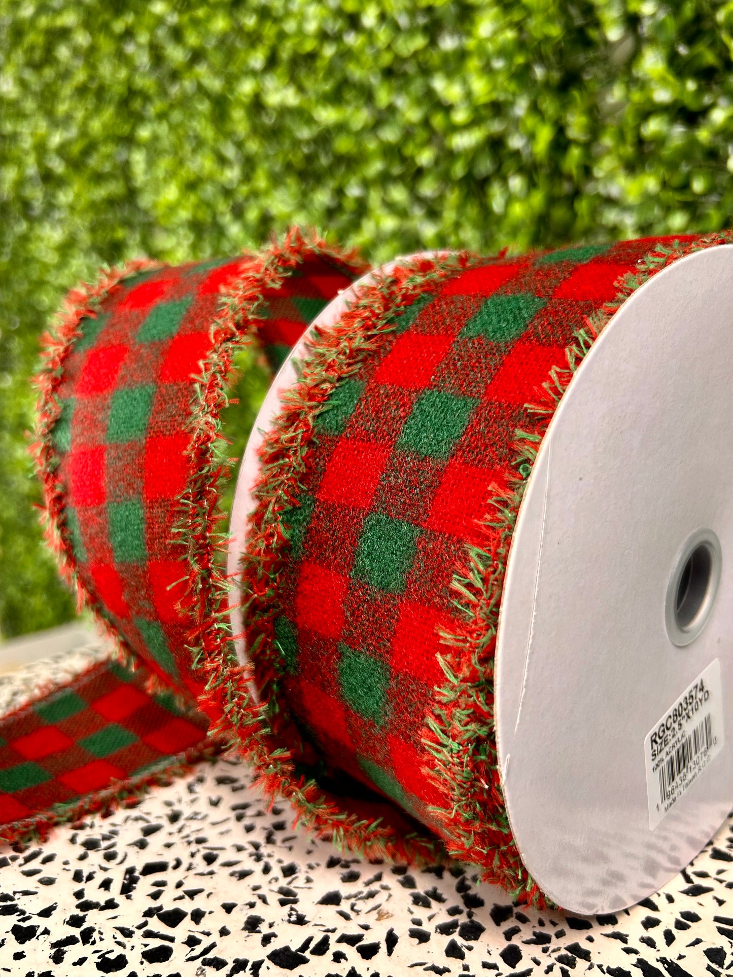 2.5 Inch By 10 Yard Red And Green Fuzzy Flannel Check With Drift Edge Ribbon