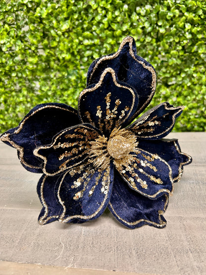 9 Inch Navy Blue With Champagne Sequins Velvet Magnolia Stem
