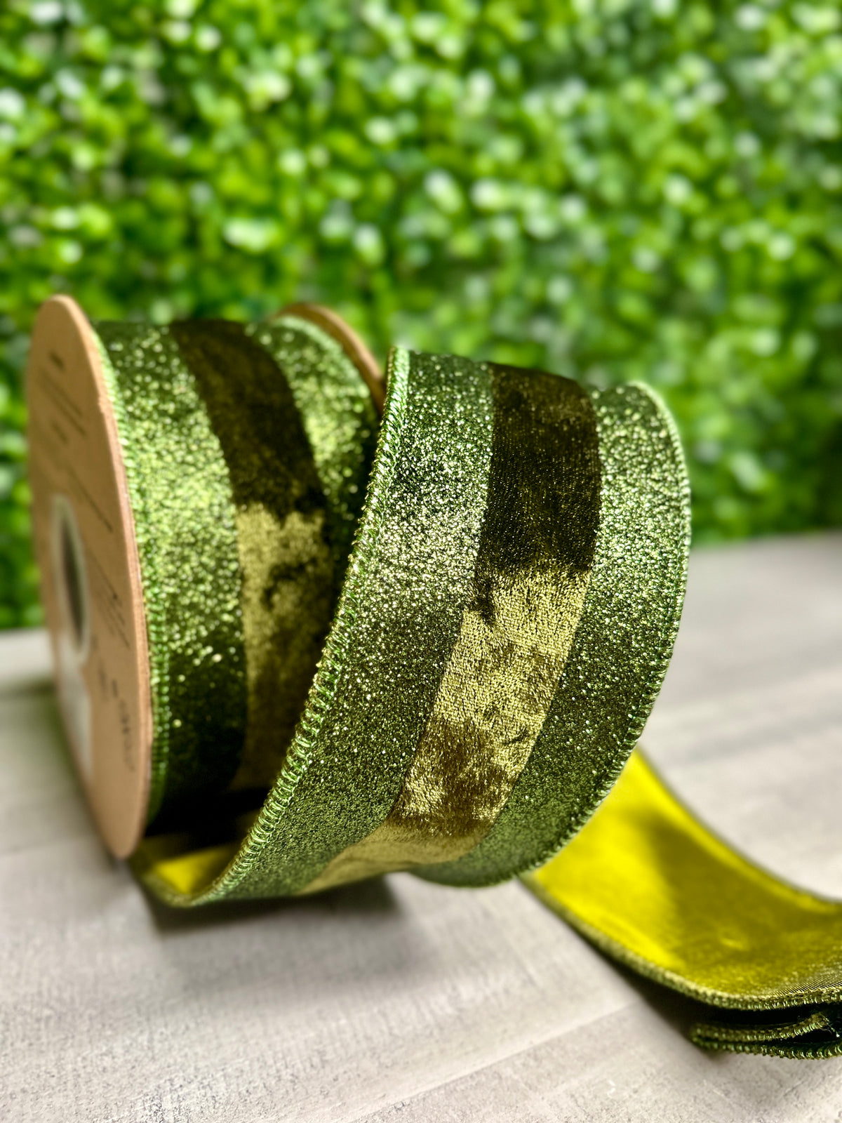 2.5 Inch By 10 Yard Dark Green With Glitter Velvet Stripe Ribbon