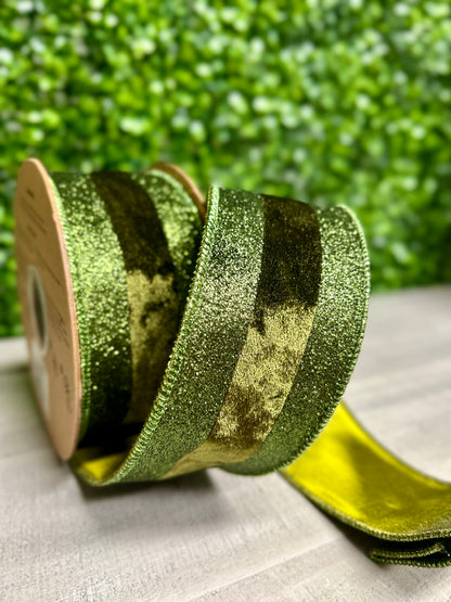 2.5 Inch By 10 Yard Dark Green With Glitter Velvet Stripe Ribbon
