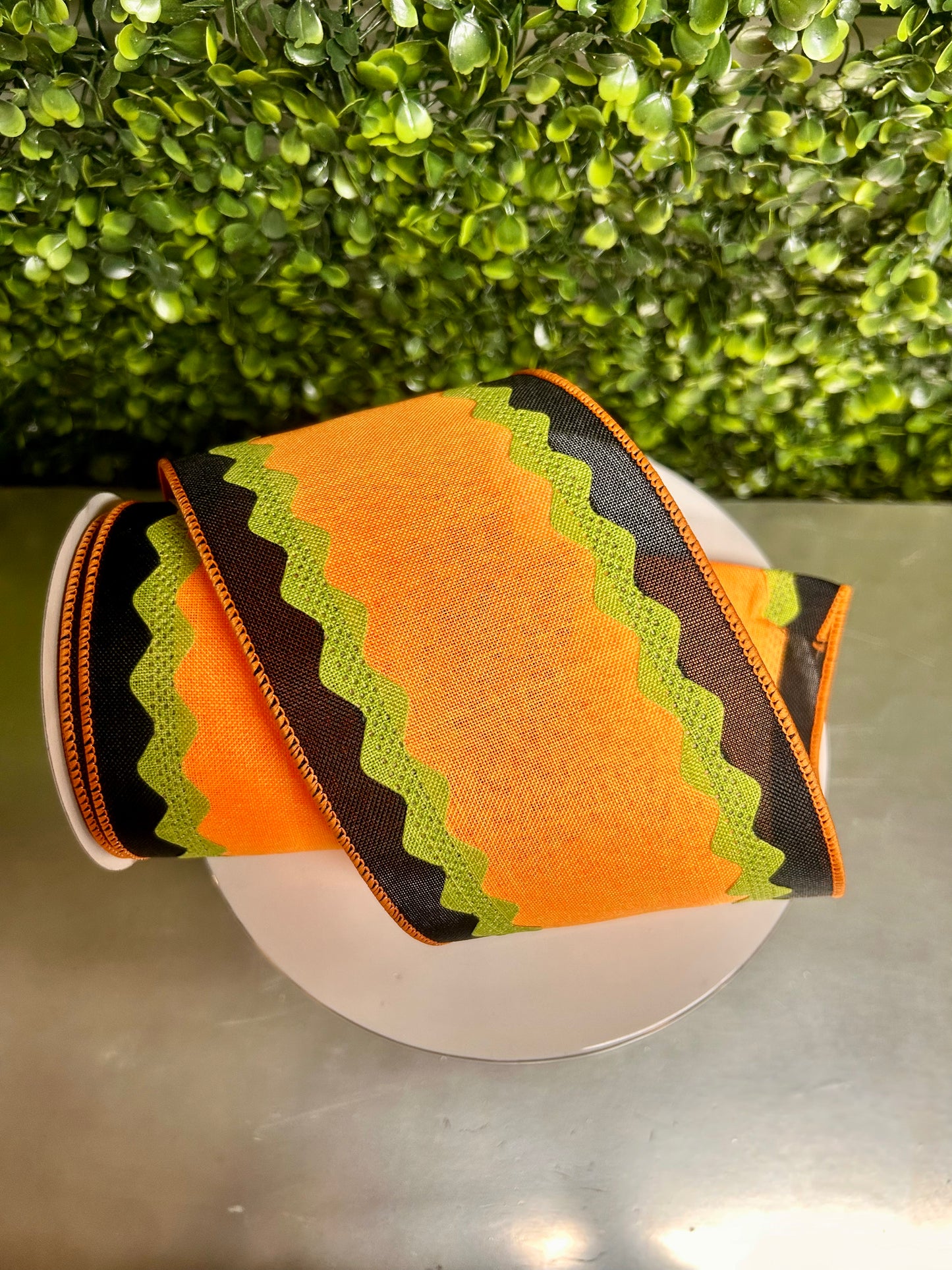 4 Inch By 10 Yard Orange Black And Lime Ricrac On Royal Burlap Ribbon