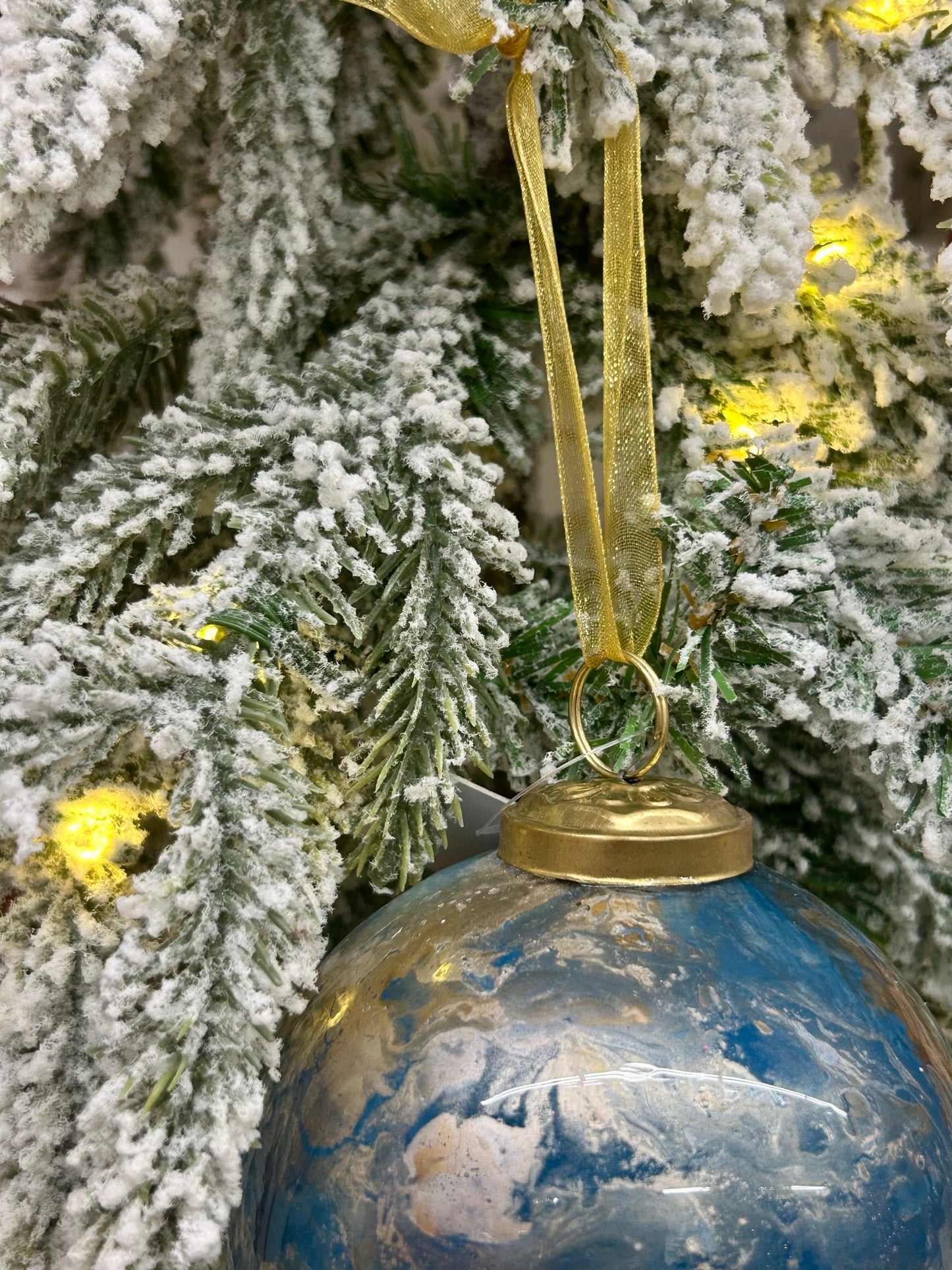 4 Inch Blue Gold And White Marble Glass Ball Ornament