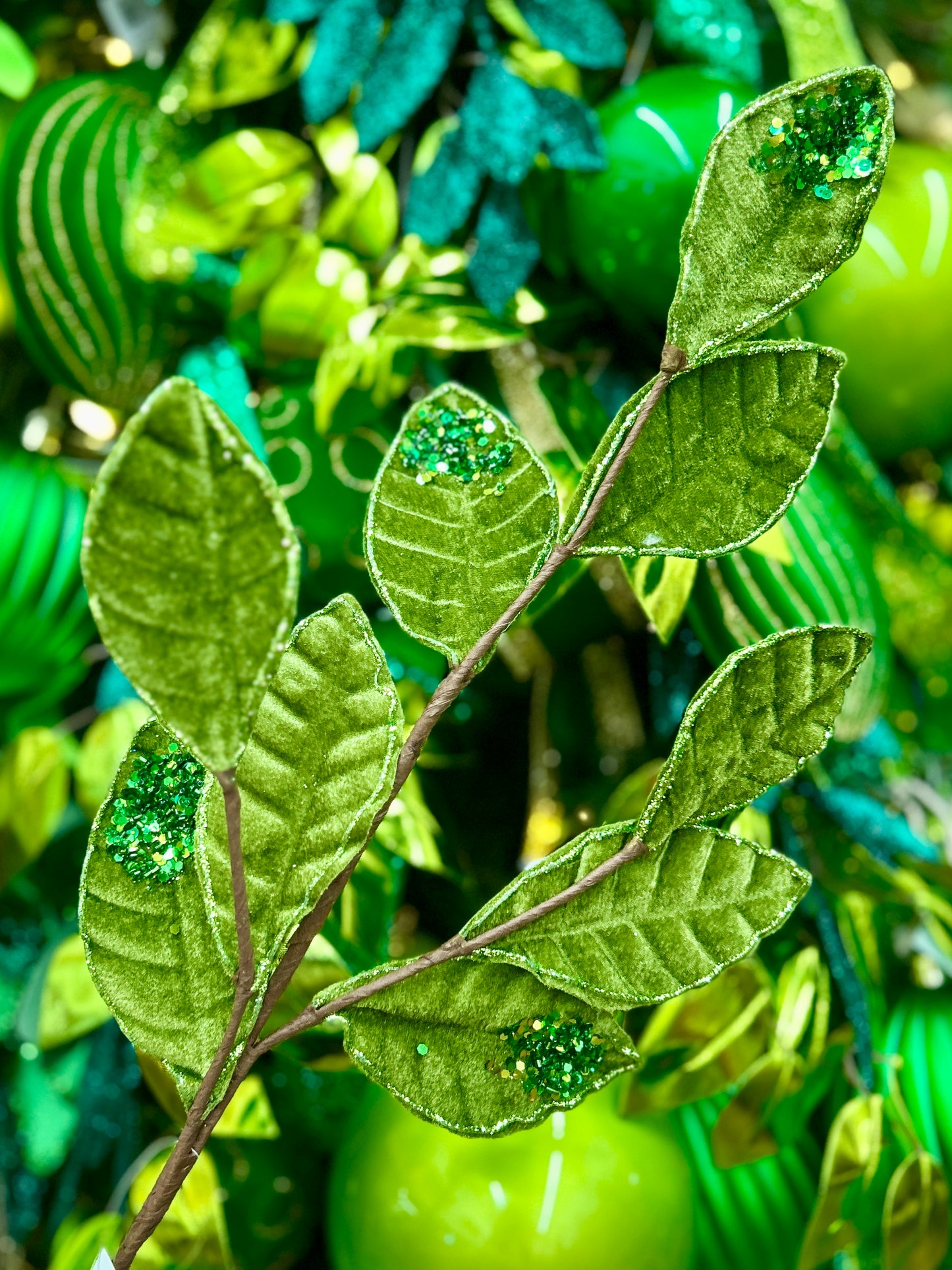 27 Inch Moss Green Velvet And Glitter Magnolia Leaf Spray
