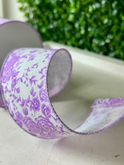 2.5 Inch By 10 Yard White Linen With Lavender Ombre Roses Ribbon