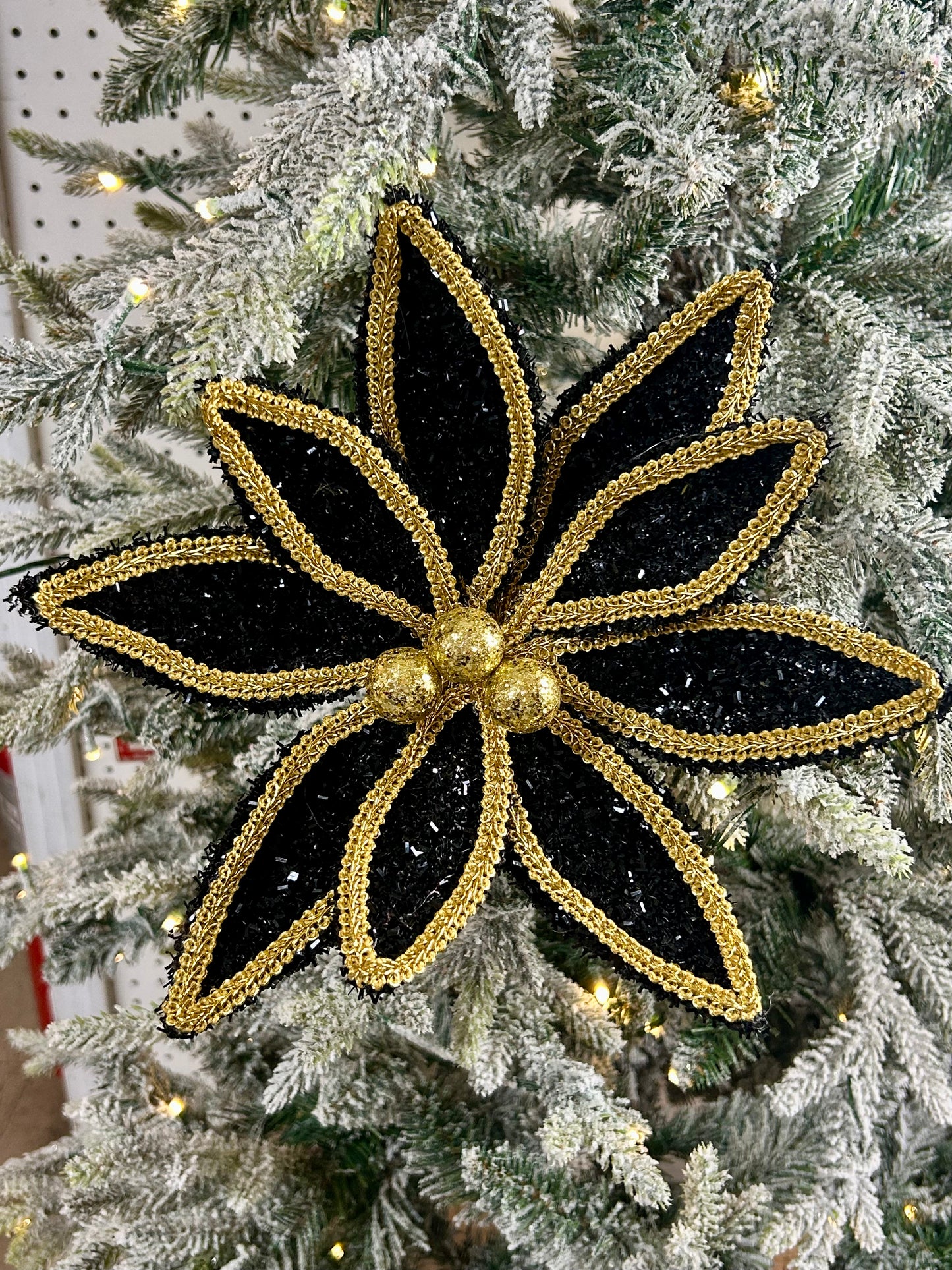 14 Inch Black And Gold Glitter And Lace Edge Poinsettia Pick