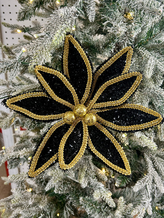14 Inch Black And Gold Glitter And Lace Edge Poinsettia Pick