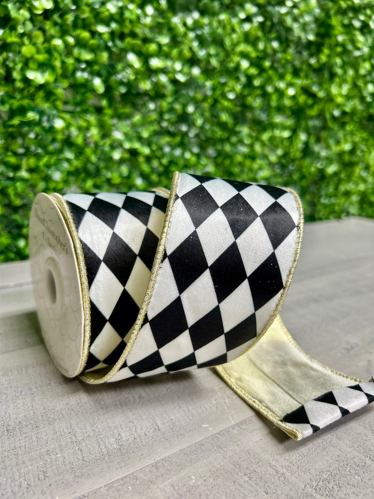 David Christopher's 2.5 Inch By 10 Yard Harlequin Print With Gold Edge Ribbon