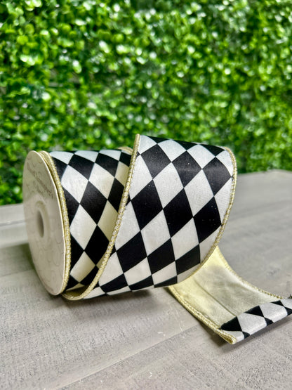 David Christopher's 2.5 Inch By 10 Yard Harlequin Print With Gold Edge Ribbon