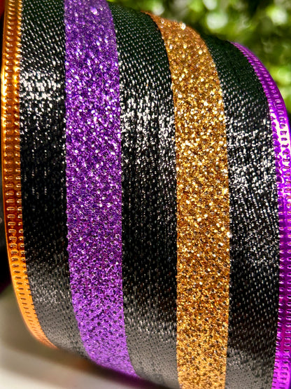 2.5 Inch By 10 Yard Purple And Copper Glitter Stripes Ribbon