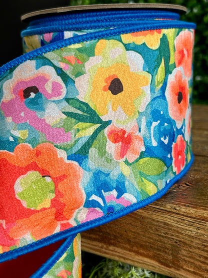 D. Stevens 4 Inch By 10 Yard Orange Blue And Green Watercolor Floral Garden Dupioni Ribbon