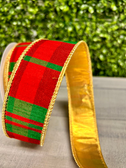 1.5 Inch By 10 Yard Modern Red And Green Christmas Plaid With Gold Back Ribbon