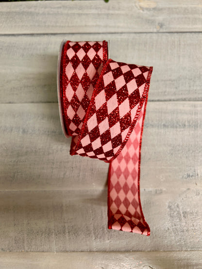 1.5 Inch By 10 Yard Rose Pink And Red Glitter Harlequin Ribbon