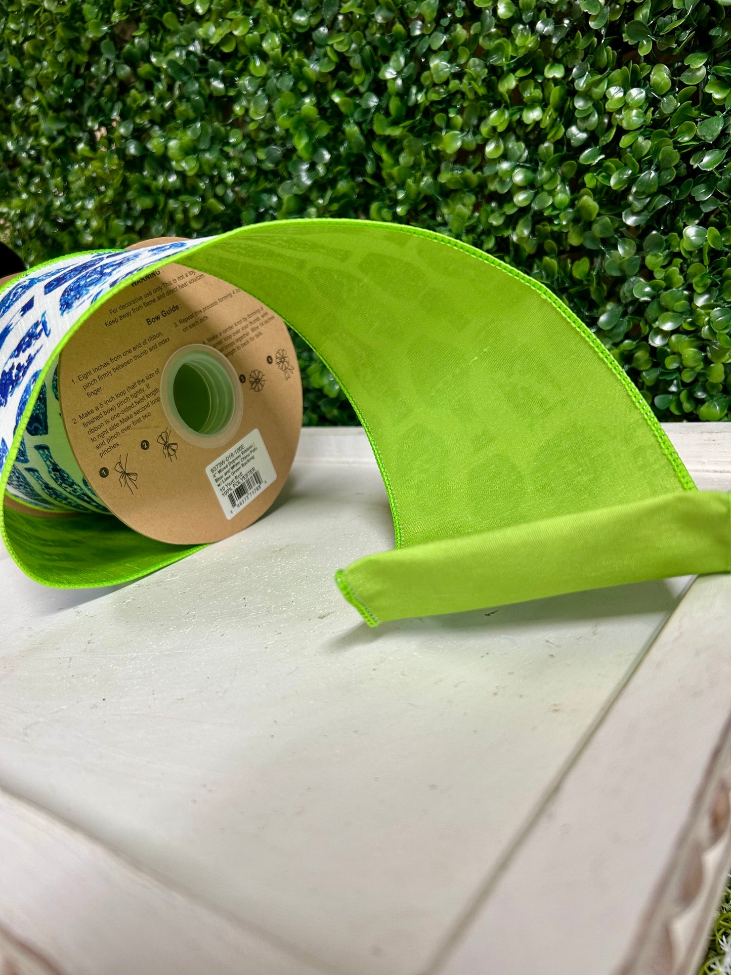 4 Inch By 10 Yard Blue And White China Pots With Lime Green Backing Dupioni Ribbon