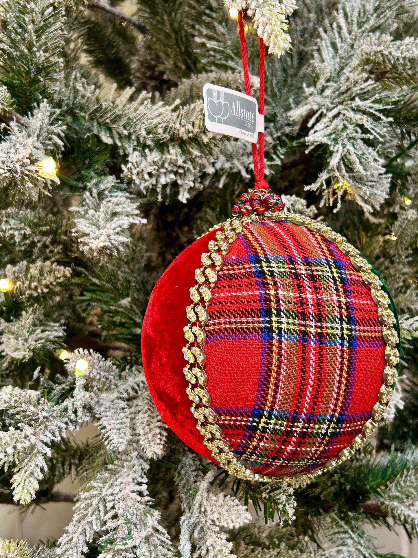 6 Inch Diamond Plaid Velvet Ball Ornament