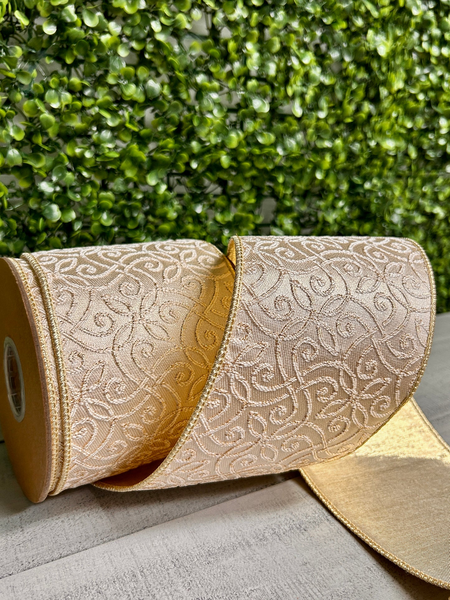 4 Inch By 10 Yard Ivory And Gold Jacquard With Gold Dupioni Fused Backing Ribbon