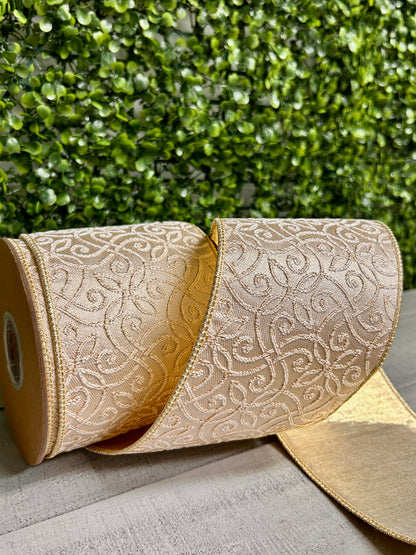 4 Inch By 10 Yard Ivory And Gold Jacquard With Gold Dupioni Fused Backing Ribbon