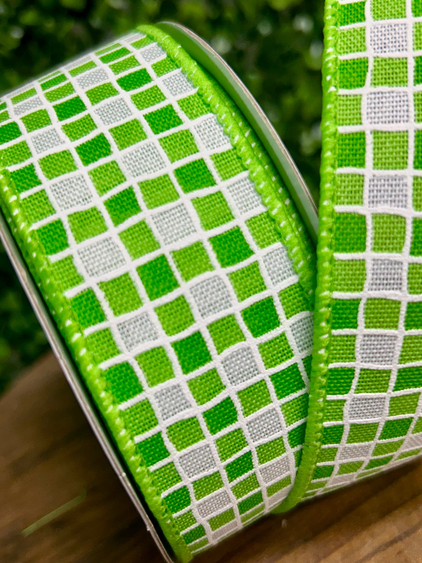 1.5 Inch By 10 Yard Green And White Small Check Ribbon