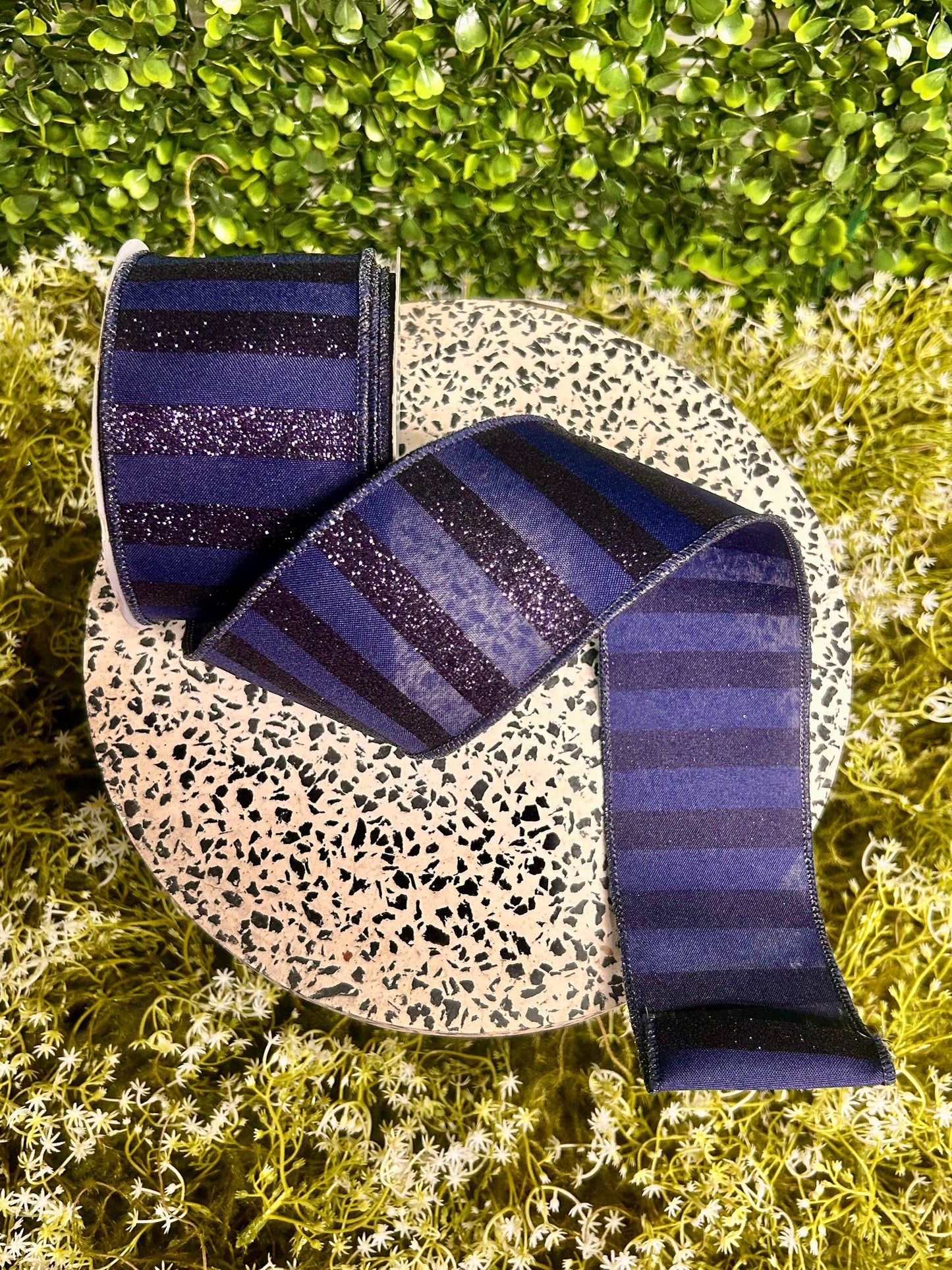 2.5 Inch By 10 Yard Navy Blue Horizontal Glitter Stripes Ribbon