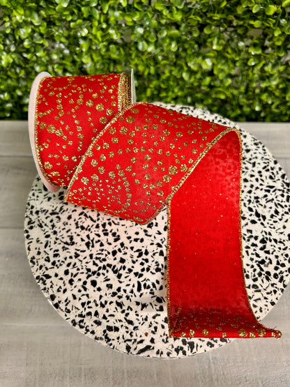 2.5 Inch By 10 Yards Red And Gold Mini Glitter Dots Ribbon