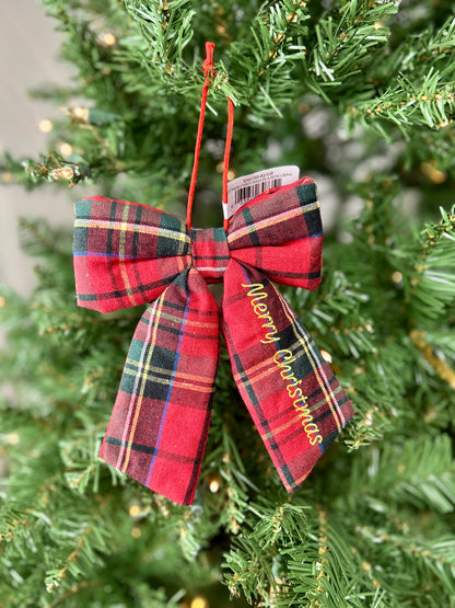 7.5 Inch Red Green Plaid Merry Christmas Bow Ornament