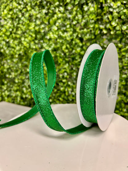 5/8 Inch By 10 Yard Emerald Green Shimmer Glitter Ribbon