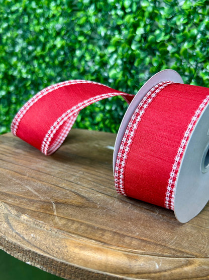 1.5 Inch By 10 Yard Red And White Faux Dupioni Mini Gingham Edge Ribbon