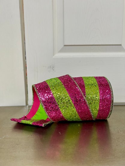 4 Inch By 10 Yard Fuchsia And Lime Large Glitter Stripe Ribbon