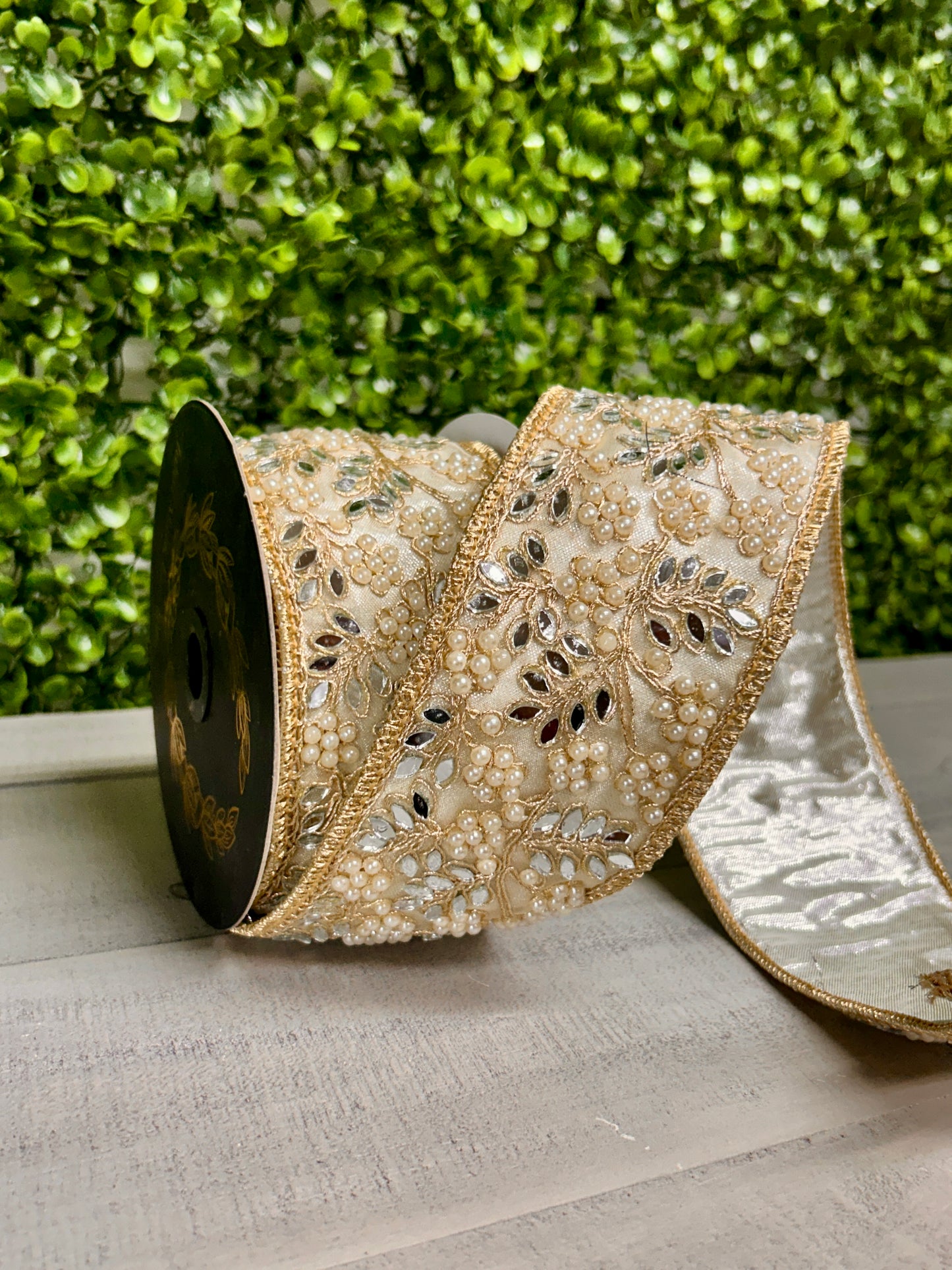 John Mark Enterprises 2.5 Inch By 5 Yard Gold And Platinum Jeweled Pearl Mirror Ribbon