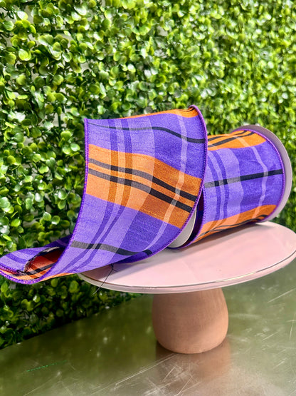 4 Inch By 10 Yard Purple Orange And Black Plaid Faux Dupioni Ribbon