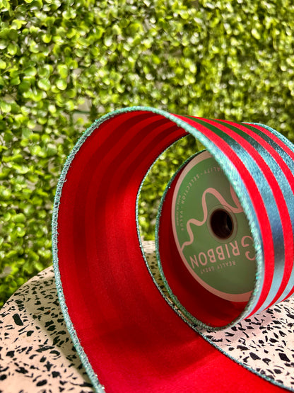 2.5 Inch By 10 Yard Red And Ice Blue Metallic Vertical Stripes Ribbon
