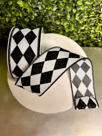 2 Inch By 10 Yard Black And White Glitter Harlequin Glitter Check Ribbon