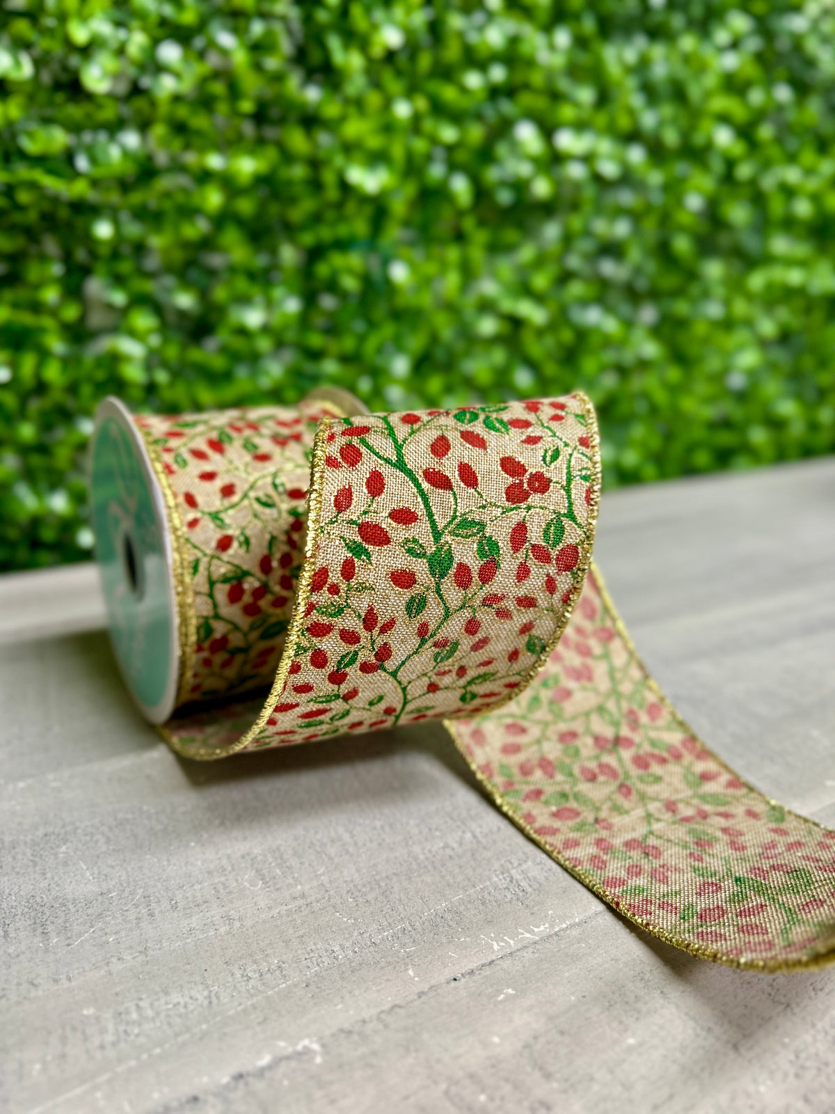 2.5 Inch By 10 Yard Beige Mini Berries And Vines On Royal Ribbon