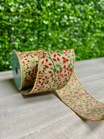 2.5 Inch By 10 Yard Beige Mini Berries And Vines On Royal Ribbon