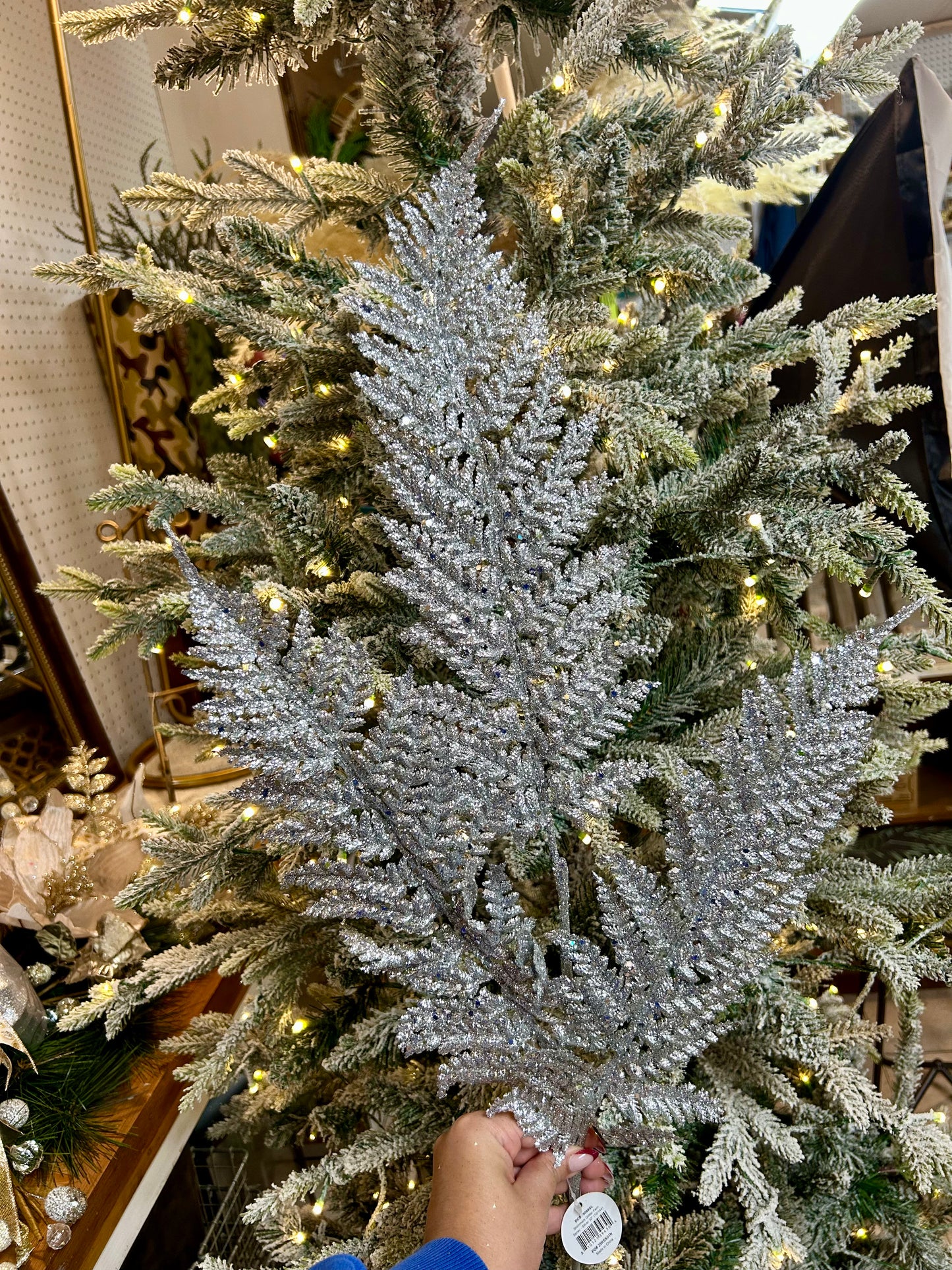 32 Inch Silver Shimmery Glitter Fern Spray