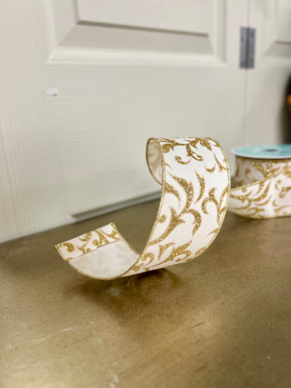 2.5 Inch By 10 Yard Ivory And Gold Acanthus Leaf Ribbon