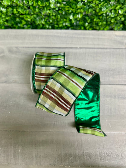 David Christopher's 2.5 Inch By 10 Yard Shades Of Green With Brown Plaid Ribbon