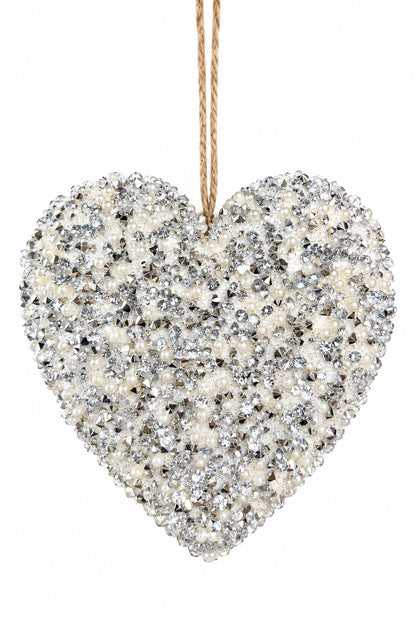 6 Inch Silver And White Beaded Heart Ornament